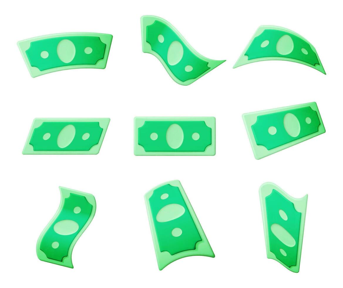 3d uppsättning av dollar sedel ikon isolerat. amerikan dollar papper pengar lugg framställa. USD grön pengar tecken. tillväxt, inkomst, besparingar, investering. symbol av rikedom. företag Framgång. vektor illustration