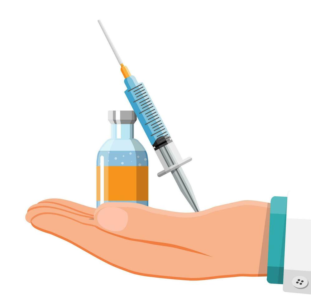 ampull och spruta med läkemedel i hand av läkare. vaccination begrepp. injektion spruta nålar. medicinsk Utrustning. sjukvård, sjukhus och medicinsk diagnostik. platt vektor illustration