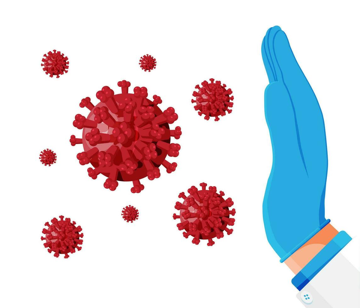 Hand Geste Vorsicht Coronavirus. halt Corona Virus. Virus 2019 nCoV, pathogen Mikroorganismus. rot Virus Bakterien Zelle, covid 19 Grippe Krankheit. eben Vektor Illustration