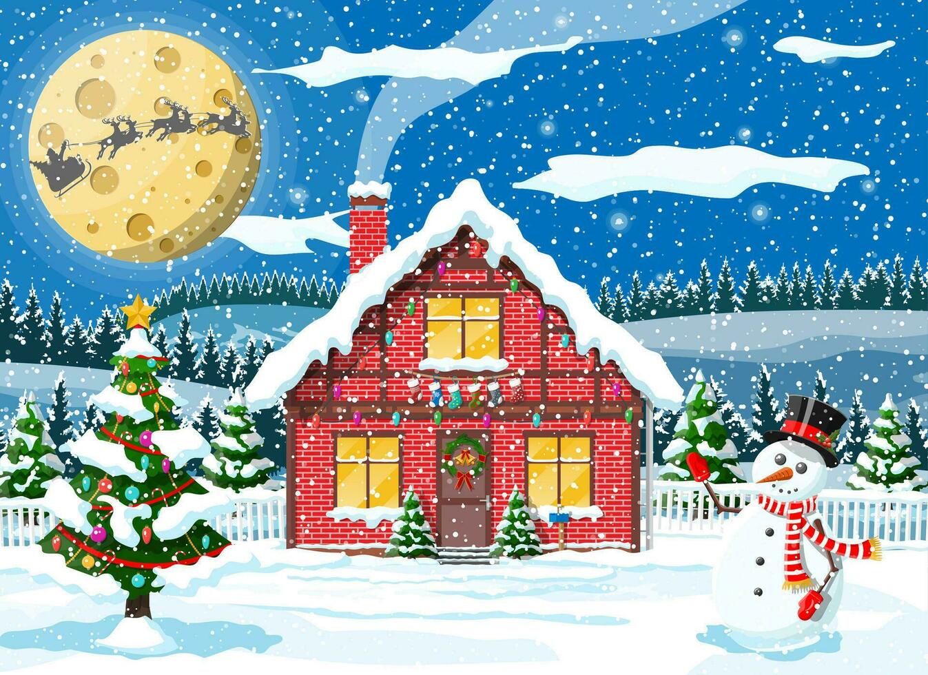 Vorort- Haus bedeckt Schnee. Gebäude im Urlaub Ornament. Weihnachten Landschaft Baum, Schneemann, Santa Schlitten Rentiere. Neu Jahr Dekoration. fröhlich Weihnachten Urlaub Weihnachten Feier. Vektor Illustration