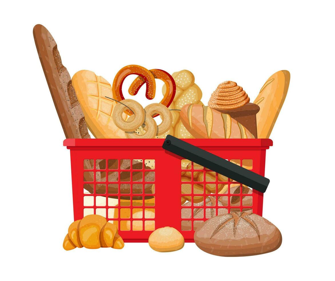 bröd ikoner och handla korg. hela spannmål, vete och råg bröd, rostat bröd, pretzel, ciabatta, croissant, bagel, franska baguette, kanel bulle. vektor illustration i platt stil