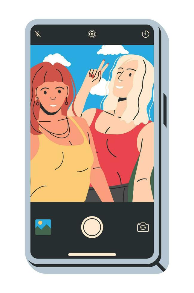 Paar von stilvoll Frau nehmen Selfie zusammen. Freundinnen oder Lesben Paar im modisch beiläufig Kleidung. Mädchen mit Smartphone zu nehmen Selfie. stilvoll weiblich Figuren. eben Vektor Illustration