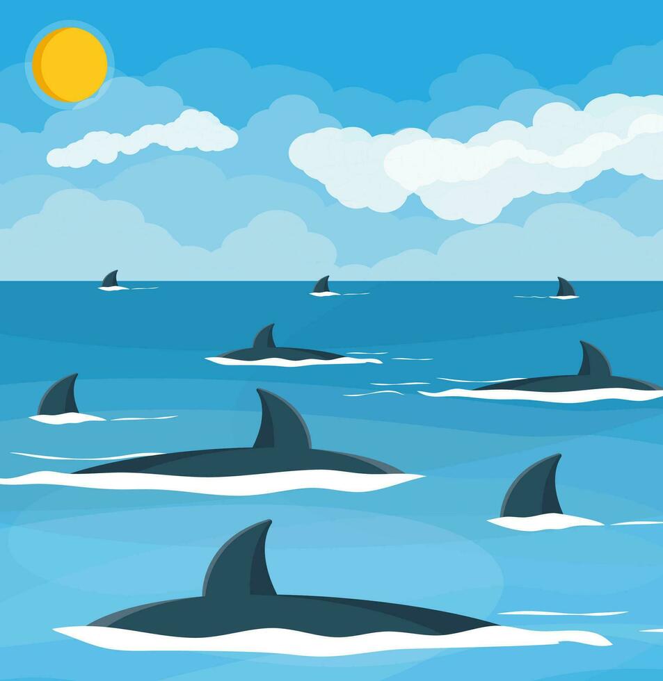 Gruppe von Haie beim Meer. Hai Flossen Über Oberfläche von Wasser im Ozean. Tierwelt, Natur. Vektor Illustration im eben Stil