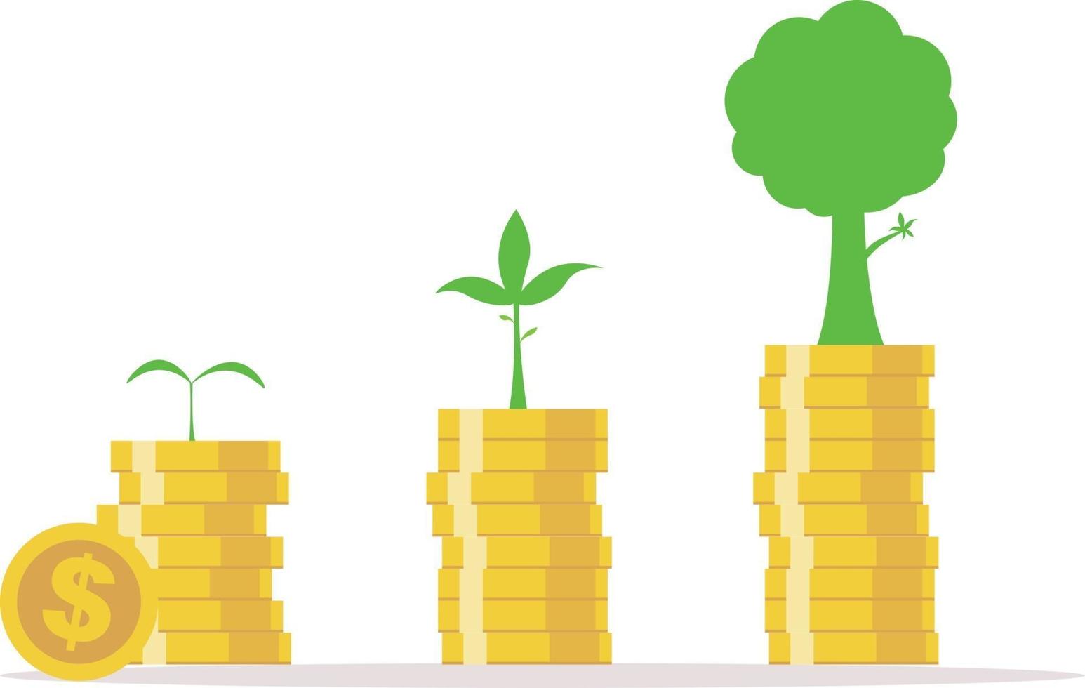 .företagstillväxt koncept. investerar pengar som träd växer. växer pengar och träd. växter växande sparmynt. vektorillustration vektor