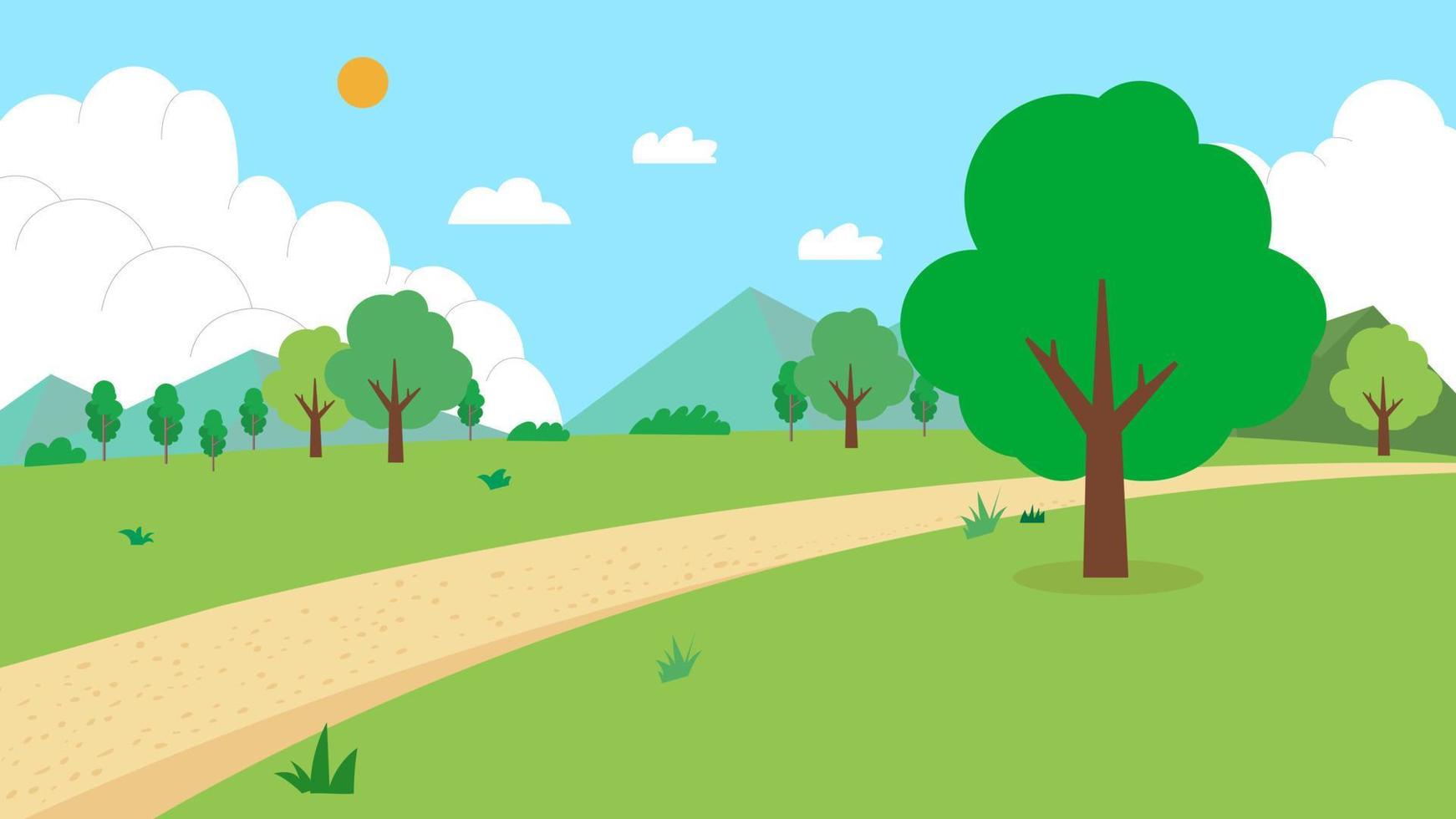 Naturlandschaft mit Straßenvektorillustration.Feld mit Berg, Bäumen, Sonne, Himmel und Wolken.grüner Park mit natürlicher Szene.Cartoon ländlicher Landschaftssommer. vektor