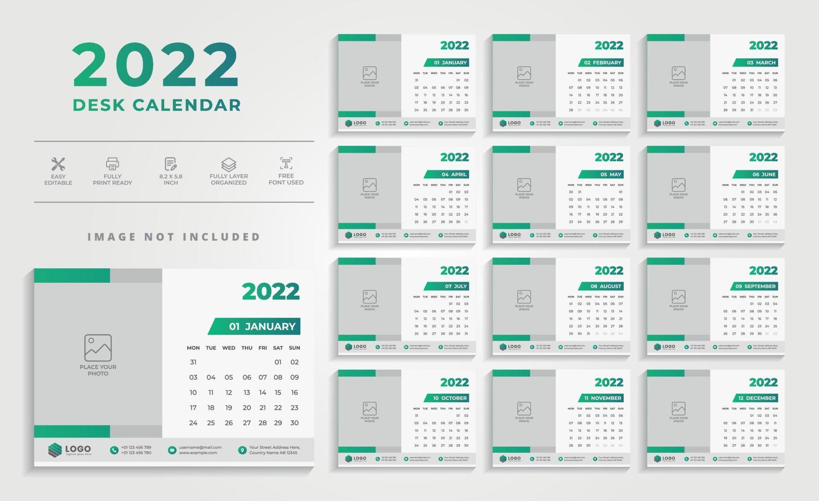 saubere 2022-Wandkalender-Designvorlage vektor