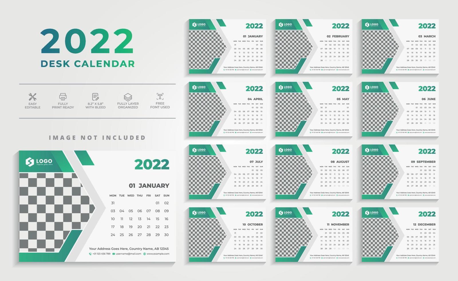 2022 Tischkalender Design mit grüner Farbe vektor