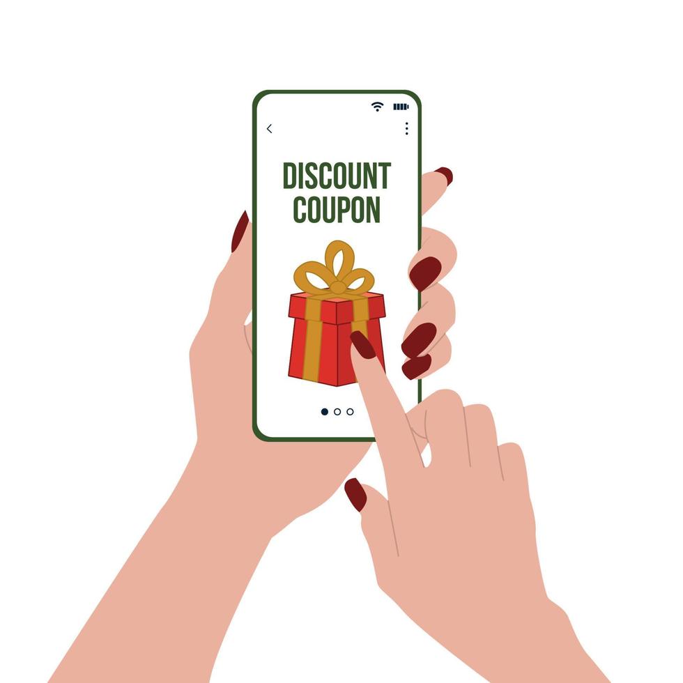 kvinnliga händer håller en mobiltelefon med en online shoppingkupong. stor försäljning i butikens mobilapp. platt vektor illustration