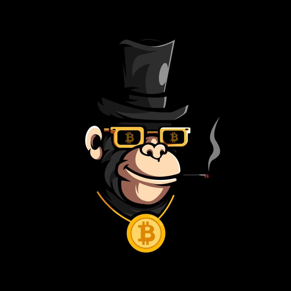 rik gorilla bär bitcoin halsband medan du röker maskot logotyp design illustration vektor