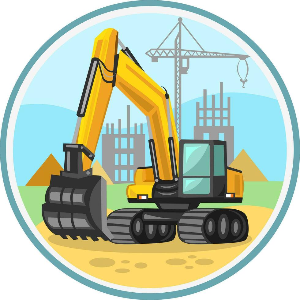 gul byggnad grävmaskin vektor bild i cirkel med konstruktion område bakgrund under schaktning, grävning Arbetar. konstruktion lastbilar samling