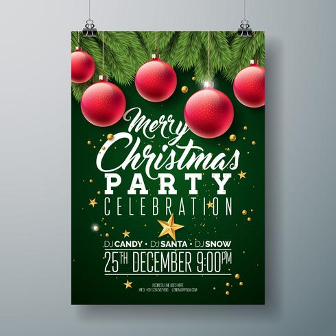 Vector Christmas Party Flyer Design med Holiday Typografi Elements and Ornamental Ball, Pine Branch på Dark Green Background.