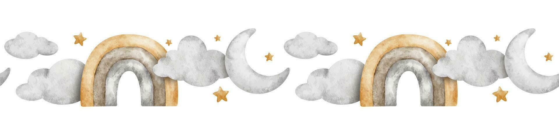 regnbåge, måne och stjärnor. söt bebis sömlös gräns. barns bakgrund. vattenfärg gräns isolerat. design för barn varor, vykort, bebis dusch och barns rum vektor