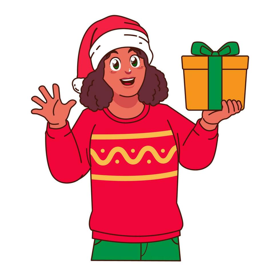 schwarz Frau im Weihnachten Sweatshirt und Santa Hut halten ein Geschenk Box vektor