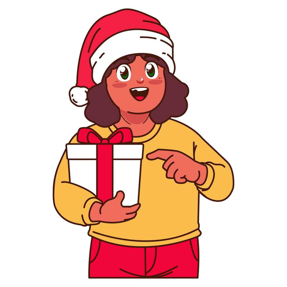 en flicka i en santa hatt innehav en jul gåva vektor