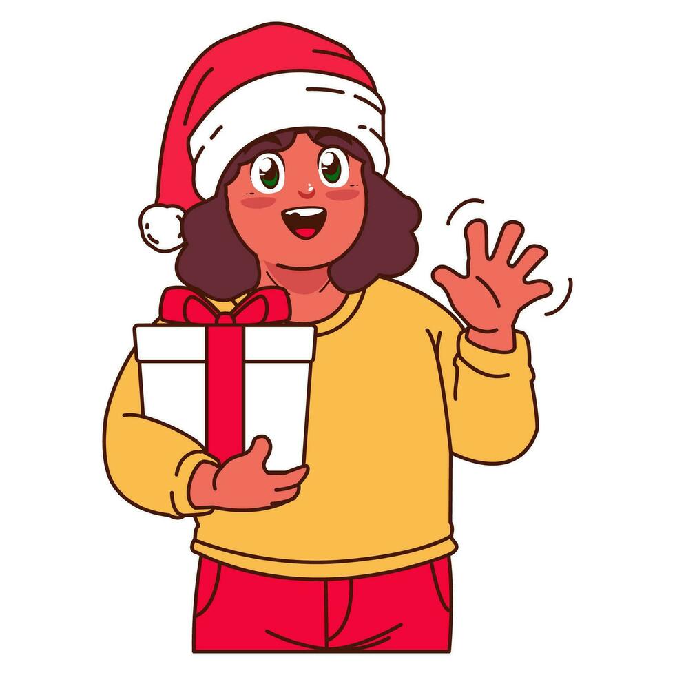 en flicka i en santa hatt innehav en jul gåva vektor