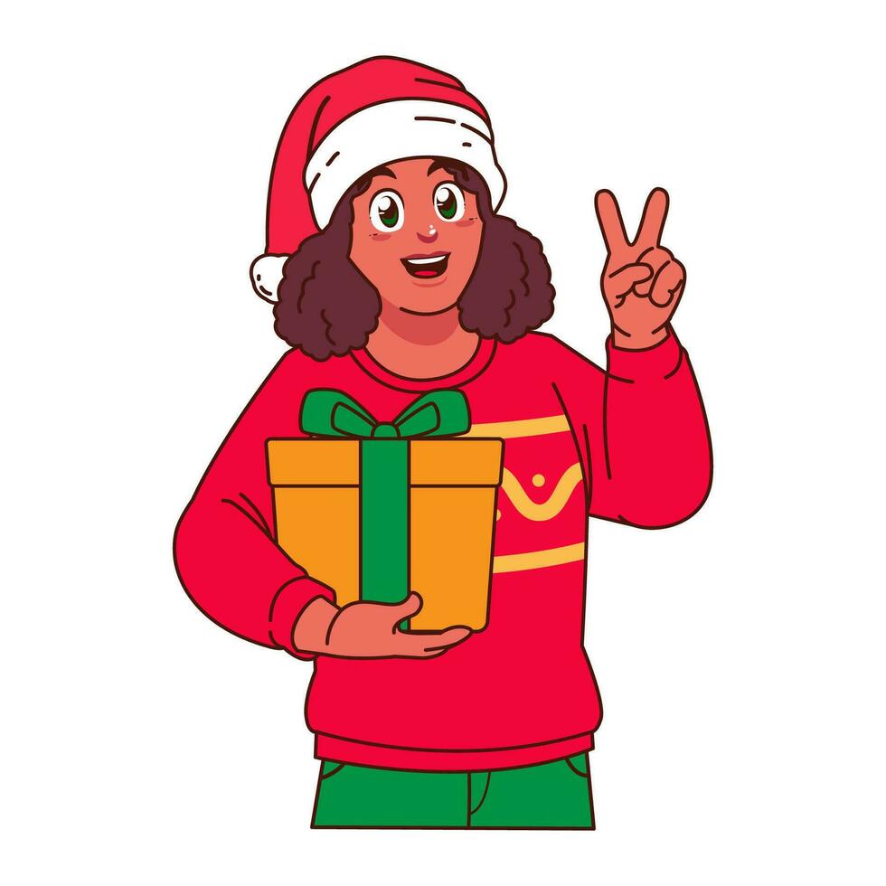 svart kvinna i jul Tröja och santa hatt innehav en gåva låda vektor