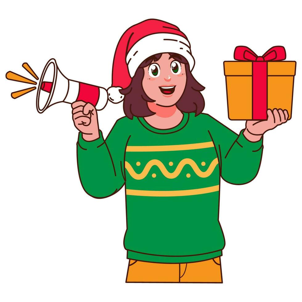 Frau im Weihnachten Sweatshirt und Santa Hut halten ein Geschenk Box vektor