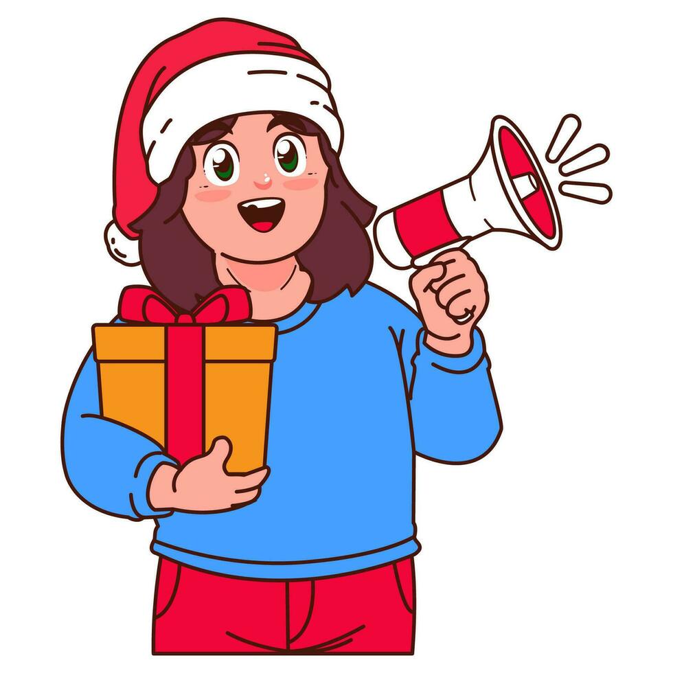 ein Mädchen im ein Santa Hut halten ein Weihnachten Geschenk vektor