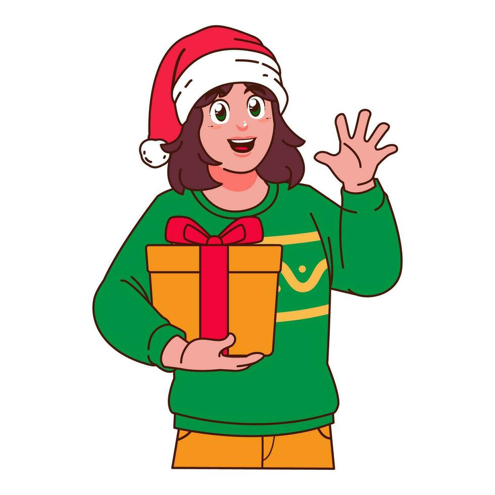 kvinna i jul Tröja och santa hatt innehav en gåva låda vektor