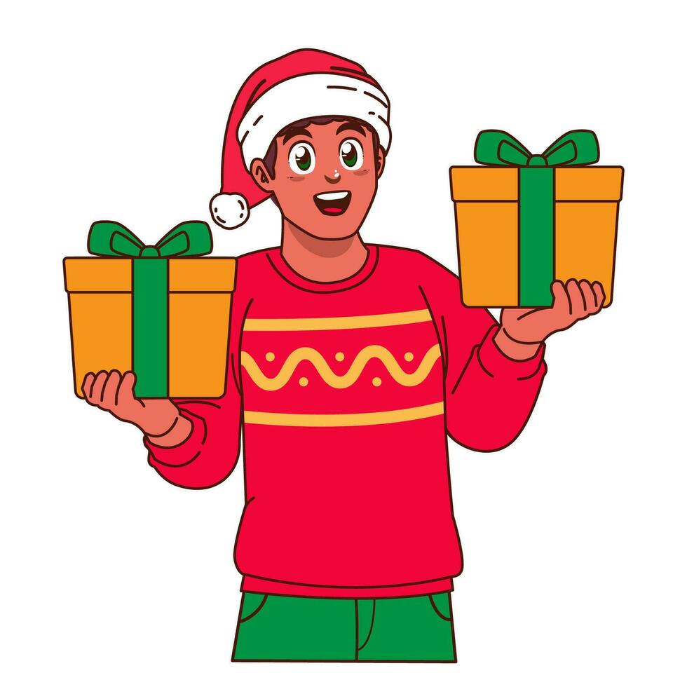 schwarz Mann im Weihnachten Sweatshirt und Santa Hut halten ein Geschenk Box vektor