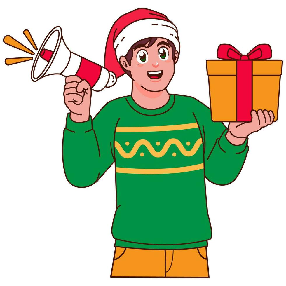 man i jul Tröja och santa hatt innehav en gåva låda vektor