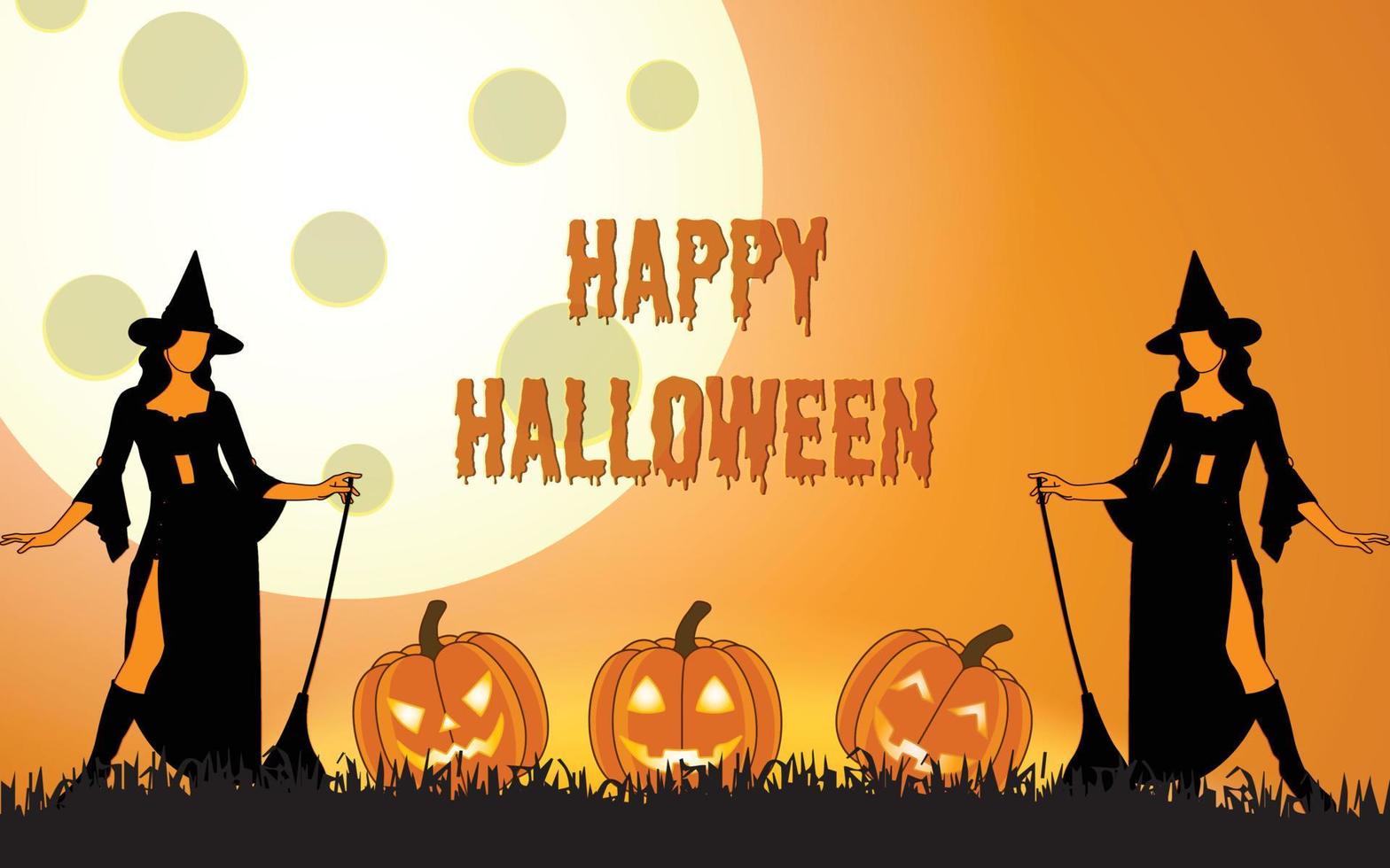 Halloween-Illustration für Halloween-Party-Hintergrund und Einladung, handgezeichnete Vektor-Halloween-Illustration mit Hexe und süßem unheimlichem Kürbis, Halloween-Illustration mit Giont-Mond im Hintergrund. vektor