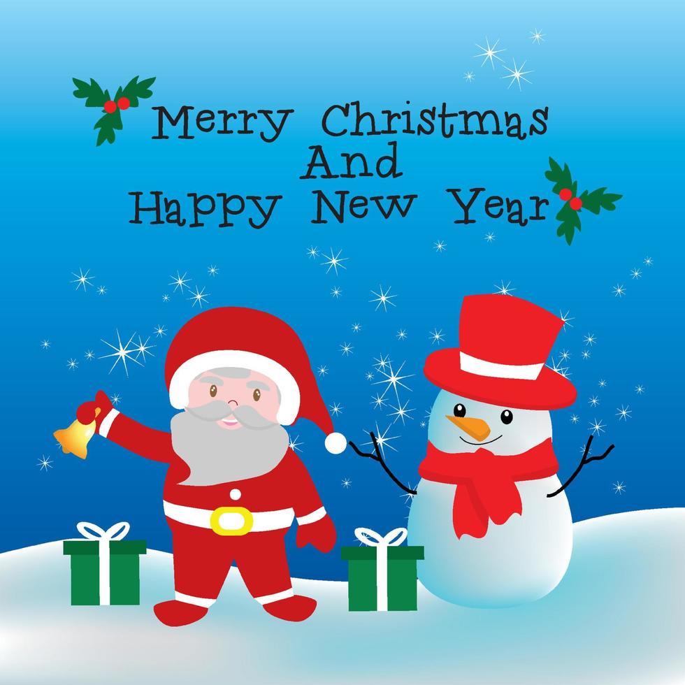 jul gratulationskort med julen Santa Claus och snögubbe presentask vektor