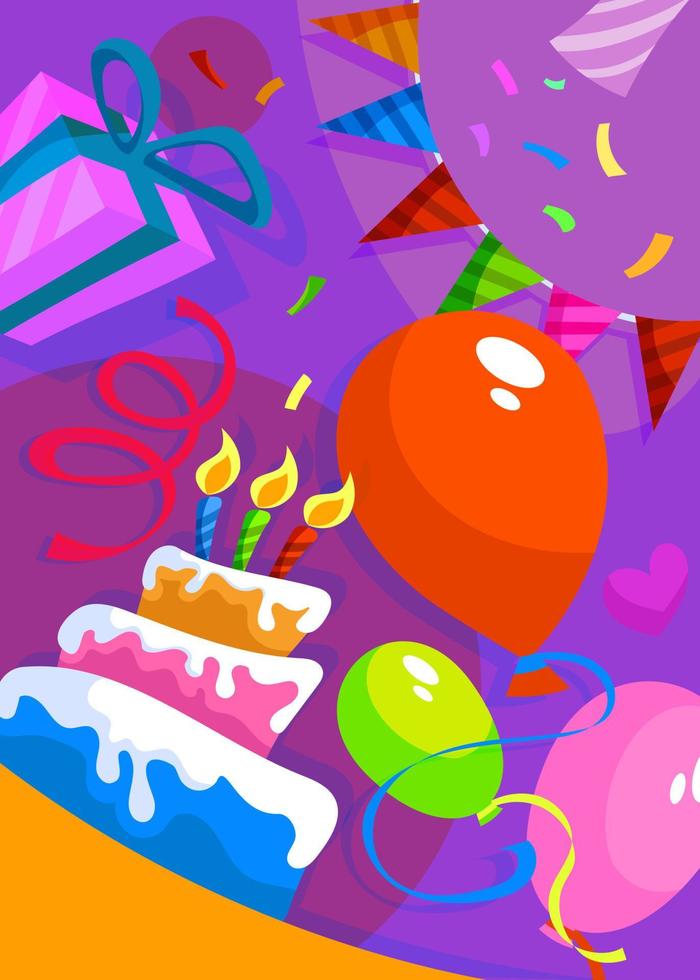 grattis på födelsedagen affisch med tårta och dekorationer. vektor