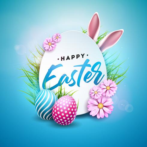 Vektor-Illustration von fröhlichen Ostern-Feiertag mit gemaltem Ei, den Kaninchenohren und der Blume vektor