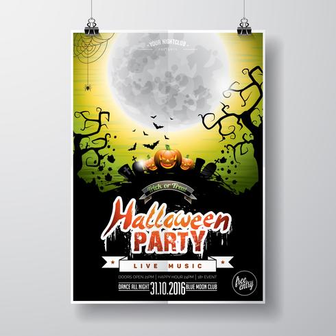 Vektor-Halloween-Partei-Flieger-Design mit typografischen Elementen und Kürbis auf grünem Hintergrund. vektor