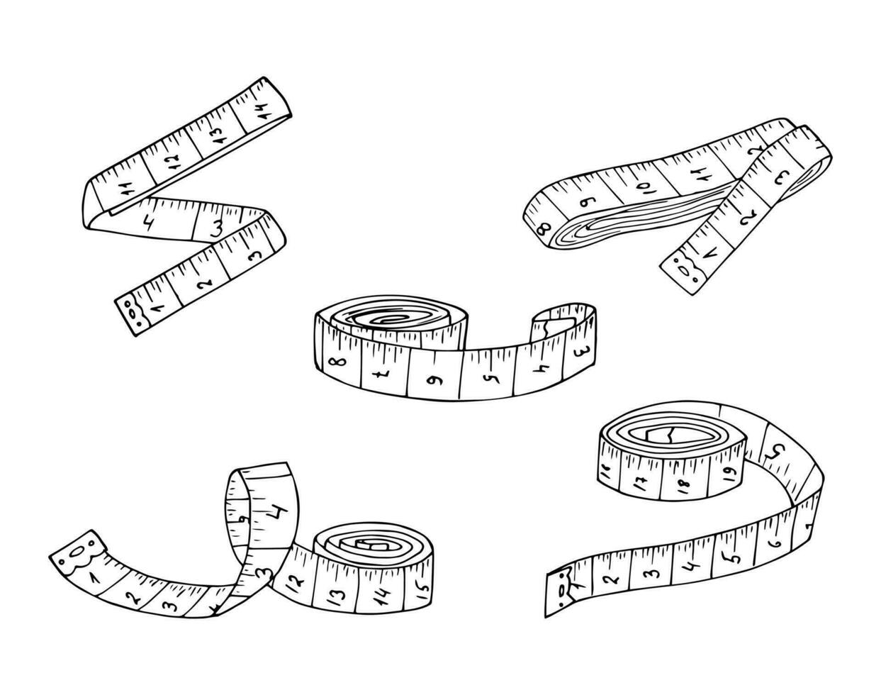 uppsättning av mätning tejp ritad för hand illustration. skiss av metrisk band. centimeter tejp. verktyg för skrädderi, ateljé, kondition vektor ikon isolerat på vit bakgrund.