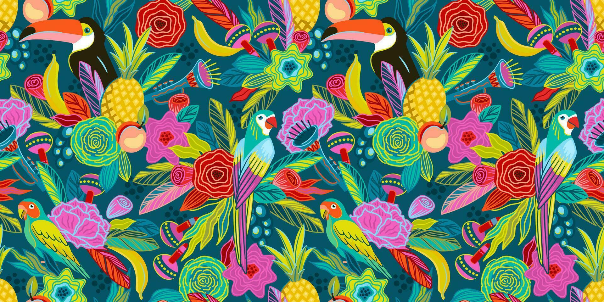 Vektor nahtlos Muster mit Blumen, Früchte, Vögel, Musical Instrumente. Brasilien Karneval. Design Vorlagen zum Karneval Konzept und andere verwenden