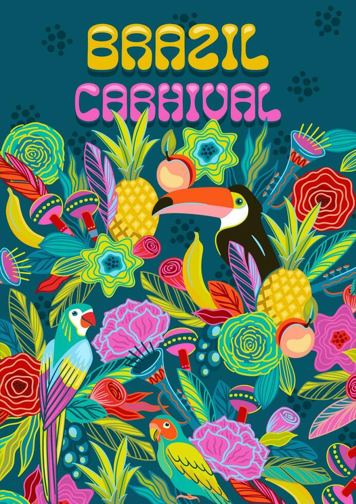 Vorlage mit Blumen, Früchte, Vögel, Musical Instrumente. Brasilien Karneval. Vektor Design zum Karneval Konzept und andere verwenden