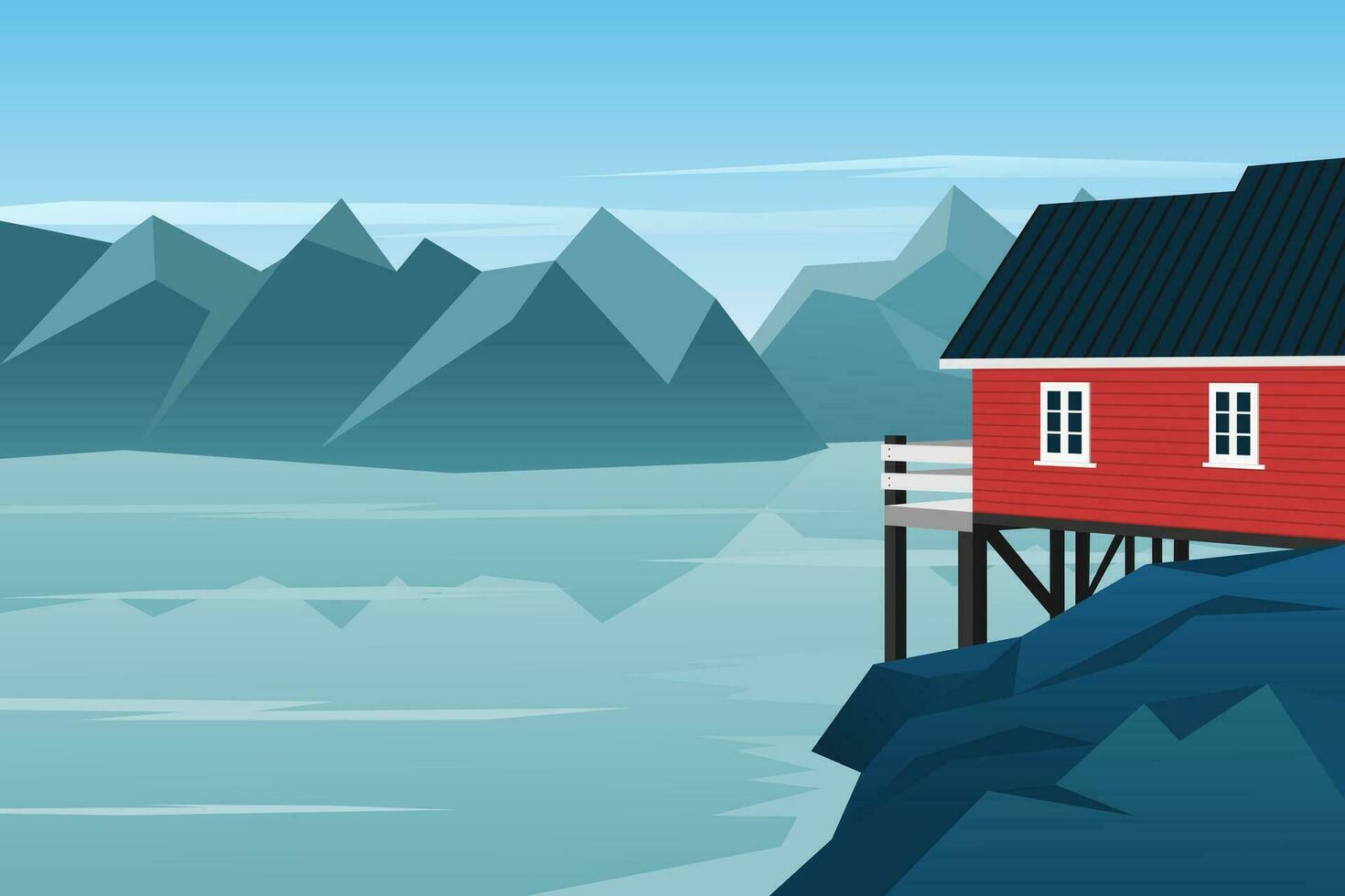 hölzern Haus Außen mit schön See und Berg Landschaft. Norwegen. rot Haus. Skandinavien. Vektor Illustration.