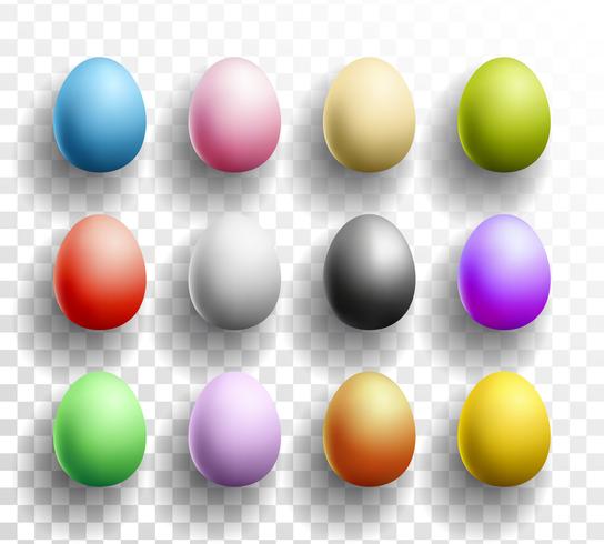 Glad påskfärgade ägg satt med skuggor på transparent bakgrund vektor