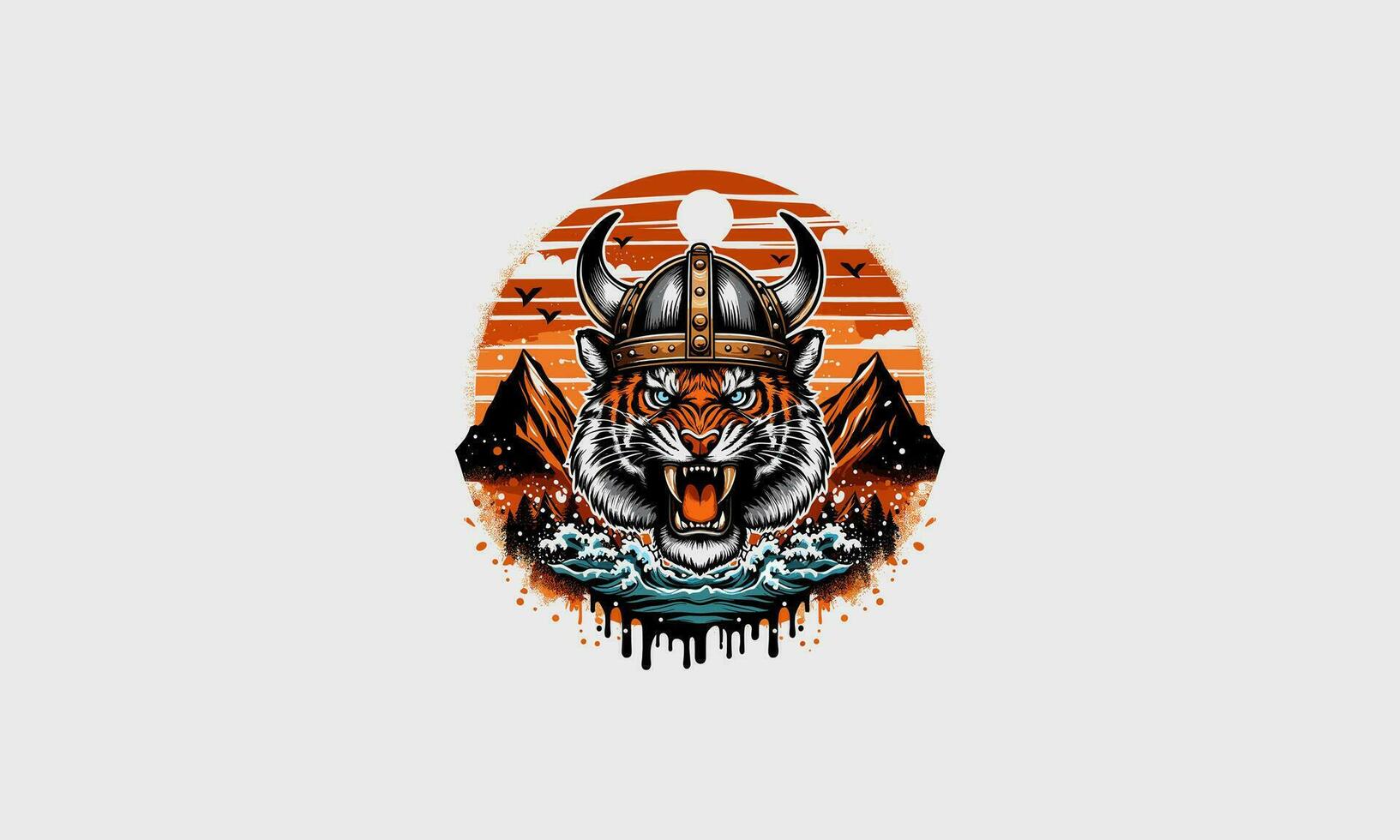 huvud tiger bär viking hatt på berg vektor platt design