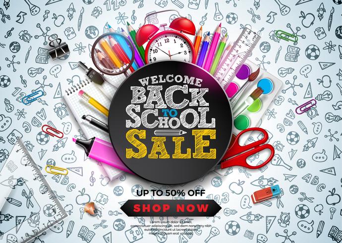 Back to School Sale Design med färgstark penna, väckarklocka och andra skolartiklar på Hand Drawn Doodles bakgrund. Vektor skolillustration med typografi för kupong