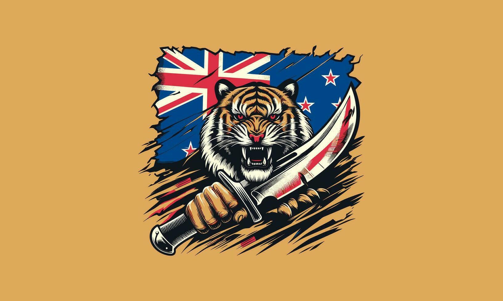 huvud tiger arg håll kniv med flagga Australien vektor platt design