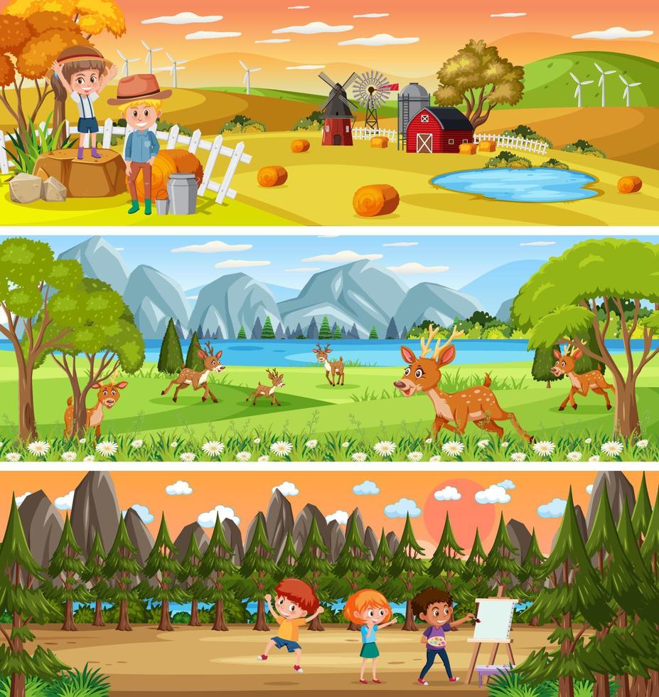 Reihe von verschiedenen Naturlandschaften tagsüber Szene mit Zeichentrickfigur vektor