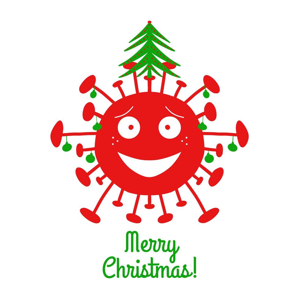 Frohe Weihnachten. Rote Cartoon-Coronavirus-Bakterien mit grünen Weihnachtskugeln und Tannenbaum auf der Oberseite. isoliert auf weißem Hintergrund. Vektorgrafik auf Lager. vektor