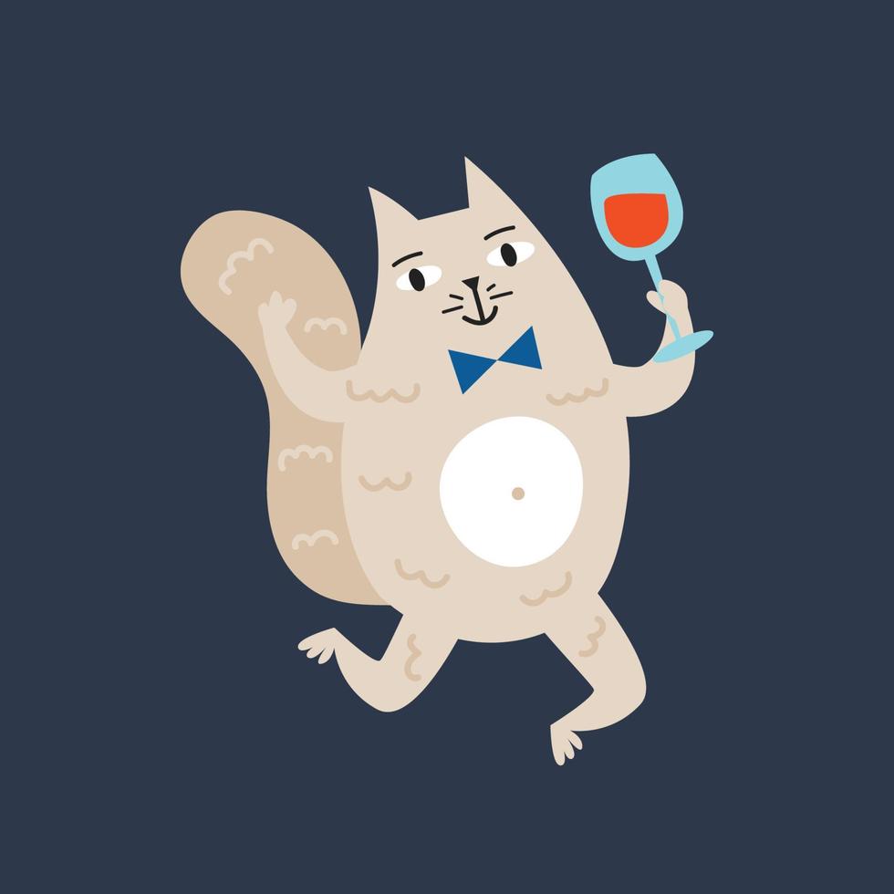 lustige Hauskatze, die das Tanzen mit einem Glas Wein feiert vektor