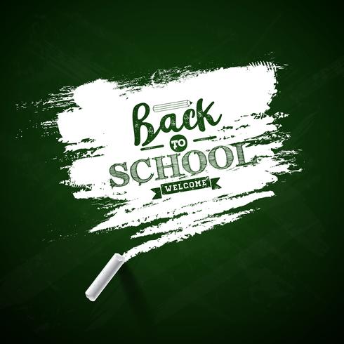 Back to school design med krita och typografi bokstäver på grön tavlan backgroundVector illustration för gratulationskort, banner, flygblad, inbjudan, broschyr eller PR-affisch. vektor