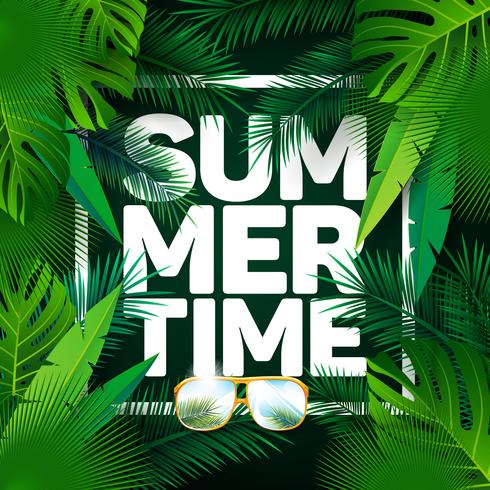 Vektor sommartid Semester typografisk illustration på palm löv bakgrund.