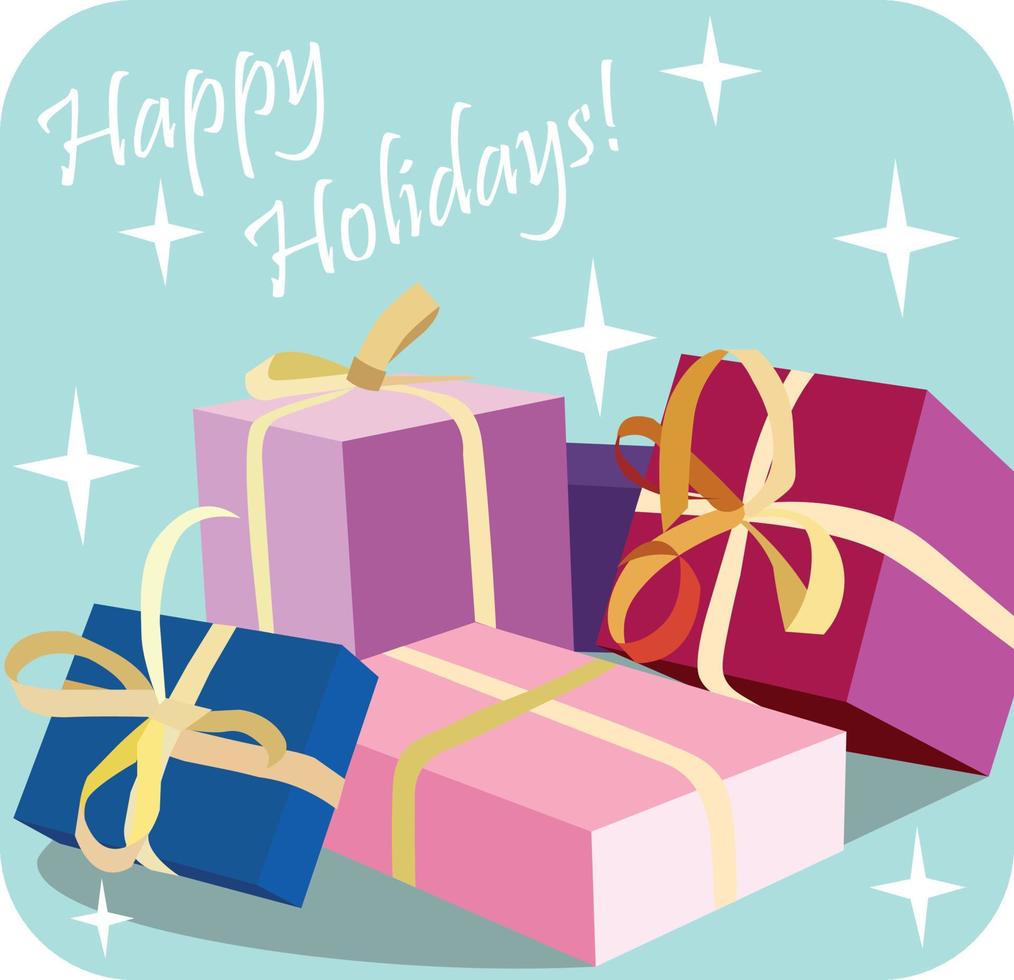 süße weihnachtskarte mit einem bild von boxen mit geschenken. Frohe Feiertage-Schriftzug. vektor