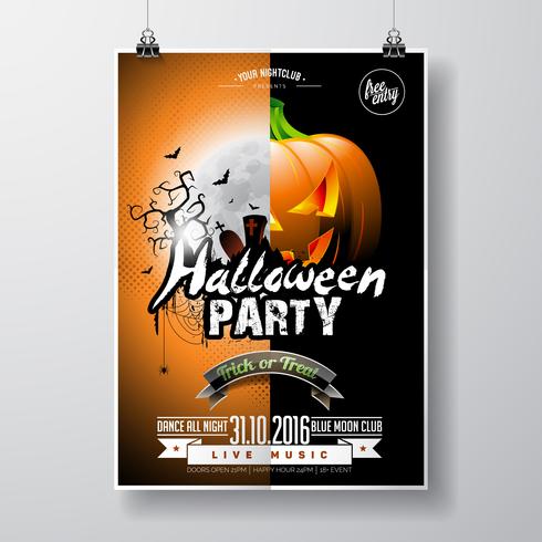 Vektor Halloween parti Flygdesign med typografiska element och pumpa på orange bakgrund.