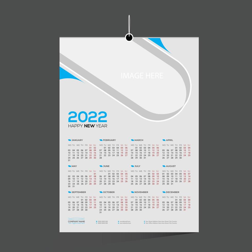 Cyan farbiger 12-Monats-Wand-Vektor-Kalender 2022 Design vektor