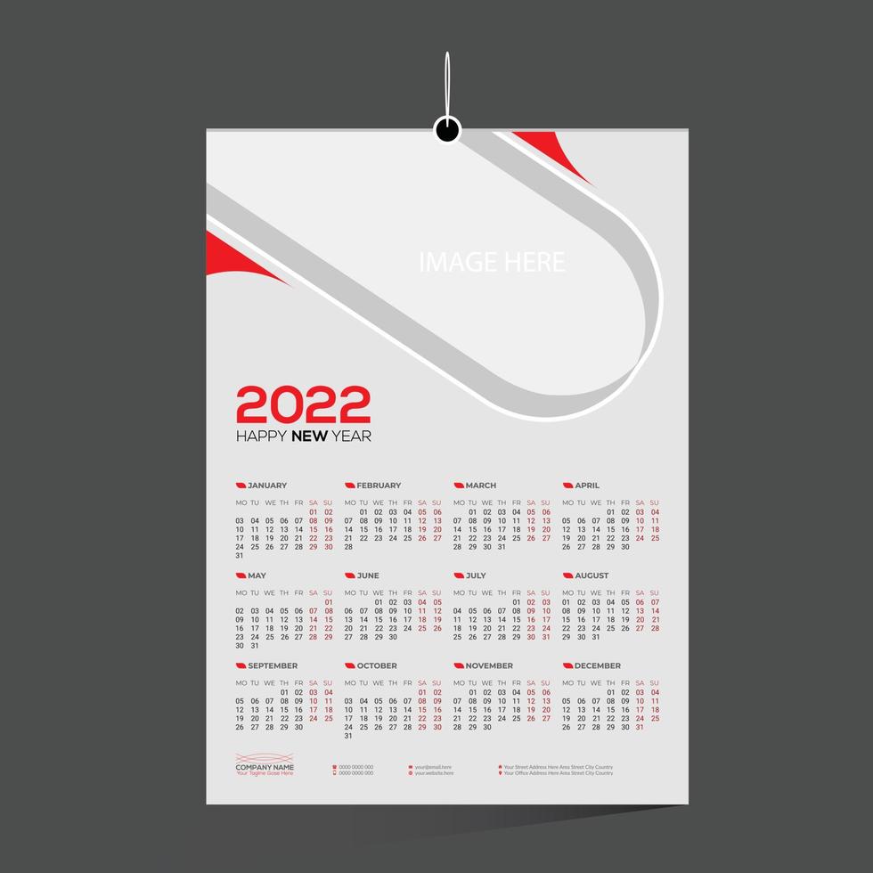 rot gefärbter 12-monatiger Vektor-Wandkalender 2022 Design vektor