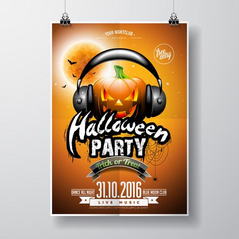 Vektor Halloween Party Flyer Design med pumpa och hörlurar på orange bakgrund