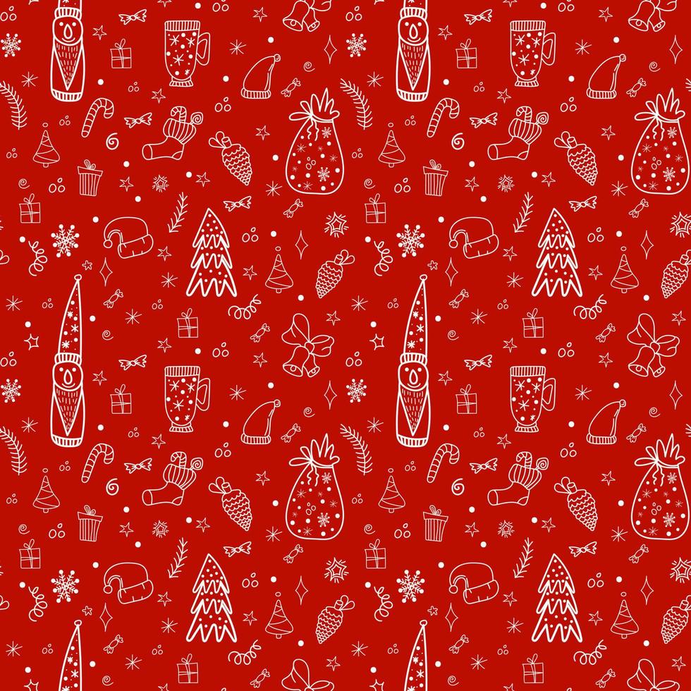 süßes Weihnachtsmuster im Doodle-Stil. nahtloser Hintergrund mit Elf, Baum, Geschenken, Schneeflocken und Sternen auf rotem Hintergrund vektor
