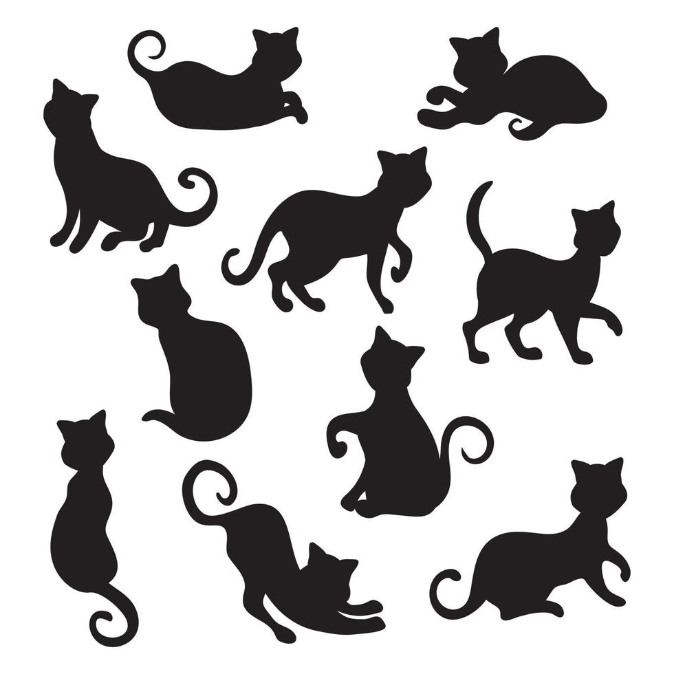 Sammlung von 10 schwarzen Halloween-Katzen auf weißem Hintergrund - Vektor